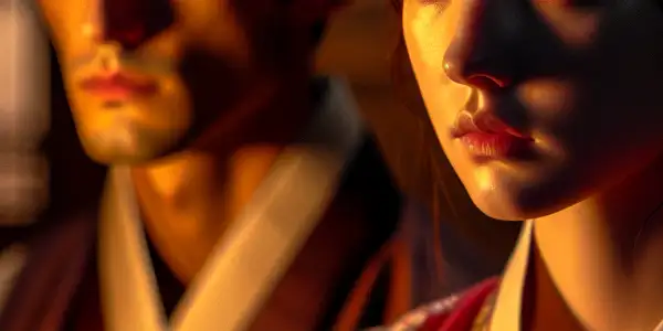 A young woman in traditional Korean attire expresses longing and conflict, alongside a contemplative young man in a cozy home.