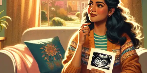 A young mother in a cozy living room, holding a sonogram, surrounded by baby books and colorful toys.