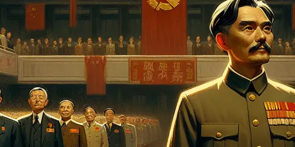 A historic assembly scene featuring Mao Zedong and key figures from the founding ceremony of modern China in the late 1940s.