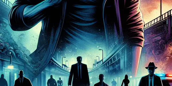 A rugged hero in a gritty urban landscape, embodying determination amidst crime and suspense.