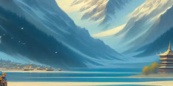 A Tibetan girl and Han Chinese boy share a tender gaze in a serene, flower-filled landscape of Kangding, China.