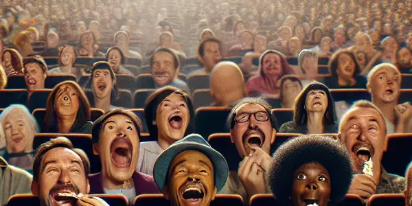 A lively movie theater scene filled with an enthusiastic audience enjoying a comedy film, sharing laughter and popcorn.