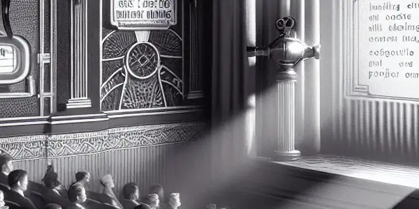 A vintage cinema interior with an audience in 1950s attire watching a black-and-white film, evoking nostalgia.