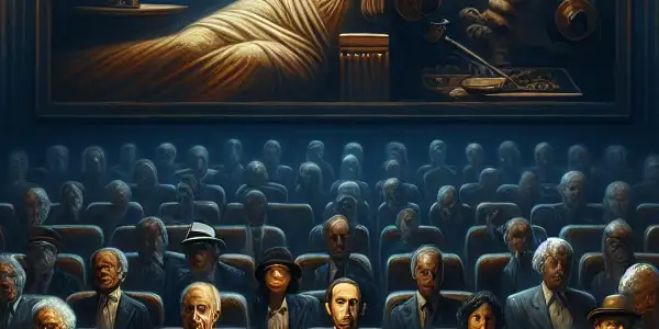 A dimly lit cinema filled with diverse individuals watching a thought-provoking film, surrounded by vintage posters and symbolic elements.