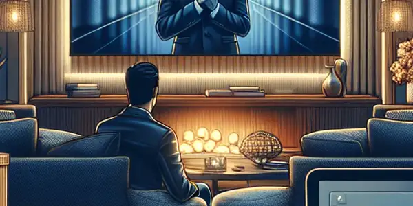 A cozy living room scene with a person watching adult films, featuring discreet packaging and a VPN interface for privacy.