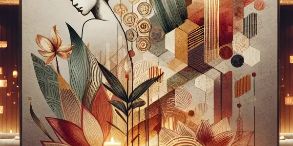 A serene spa room featuring a relaxed figure receiving a massage, surrounded by elements of Japanese AV cinema.