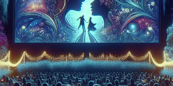 A vibrant outdoor film festival featuring a diverse audience enjoying a romantic film under twinkling lights.