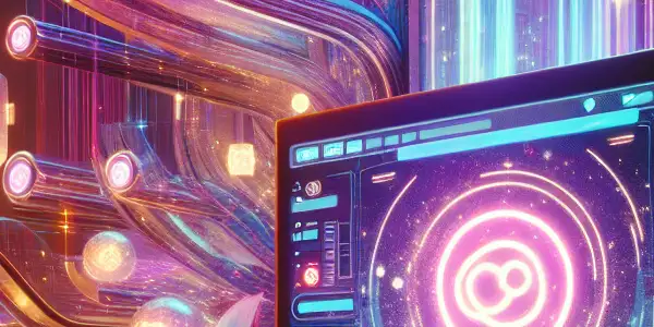 A futuristic computer interface for redeeming points on Japanese adult films, surrounded by colorful, abstract elements.