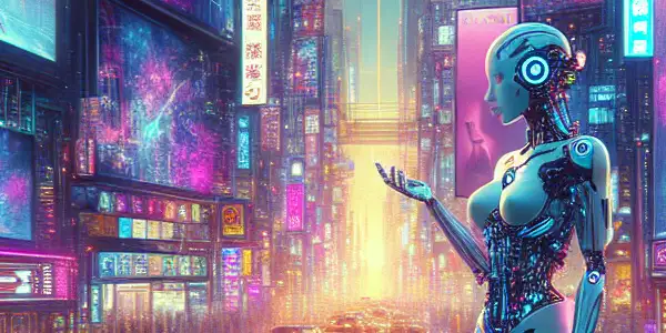 A vibrant cyberpunk cityscape in Japan showcasing futuristic adult film themes with neon lights and advanced technology.