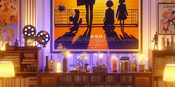 A modern living room showcasing Japanese AV culture with movie posters, vintage film reels, and playful character silhouettes.